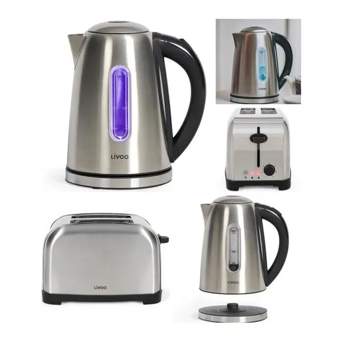 Bouilloire RETRO INOX 1L7 2200W LED BLEUE protection contre lébullition + Grille-Pain INOX 850W 2 LARGES fentes