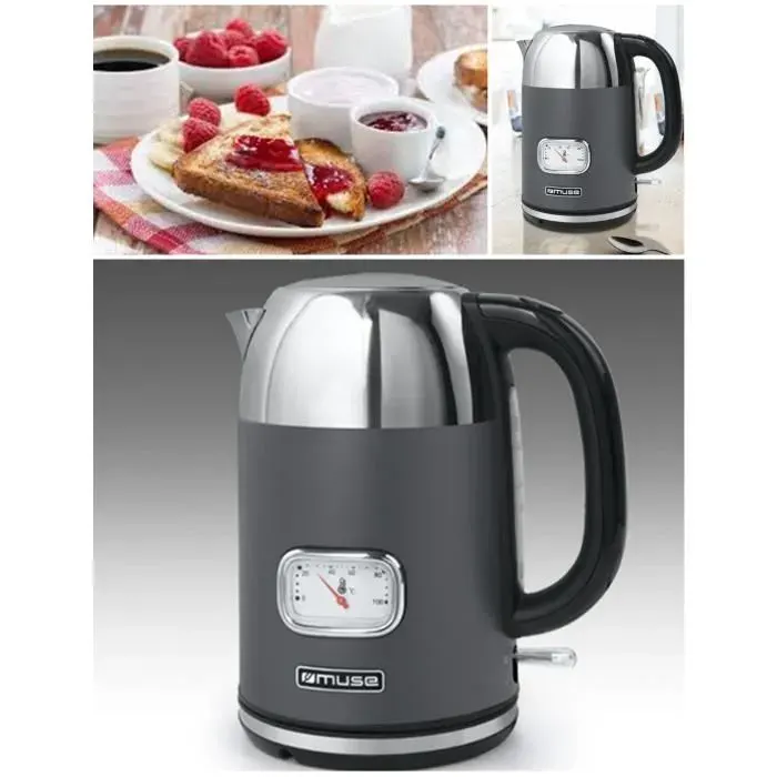 BOUILLOIRE RETRO VINTAGE SANS FIL 2200W 1.7L GRISE ANTHRACYTE INOX Filtre amovible et lavable