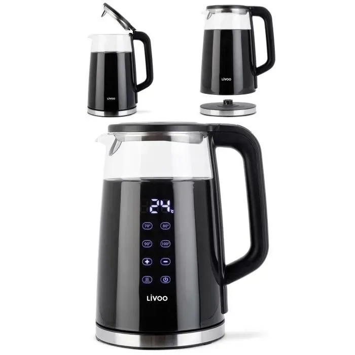 Bouilloire théière SANS FIL Digitale automatique en verre 1.7L 2200 W Arrêt automatique Rotation à 360° sur socle Affichage