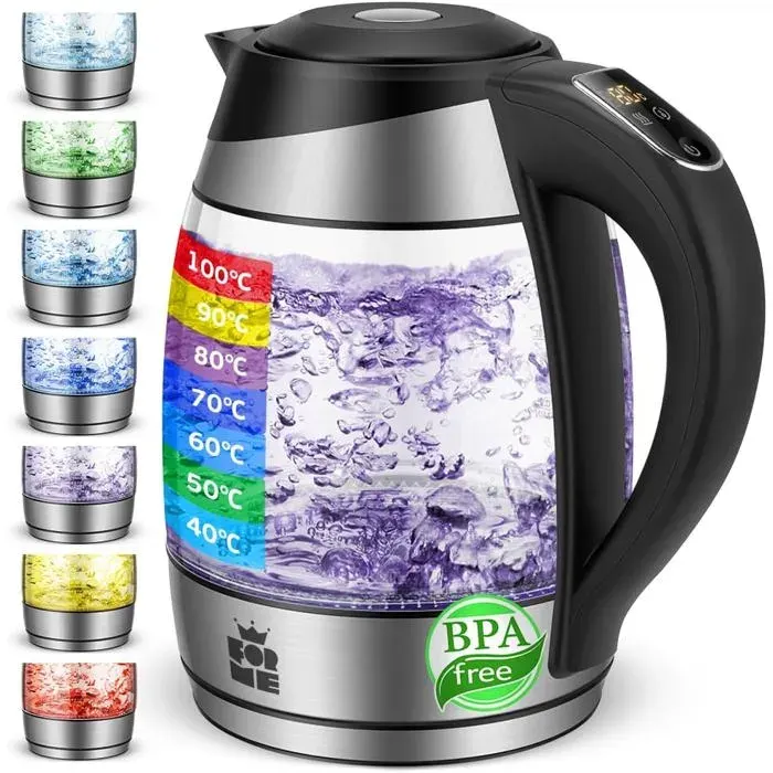 Bouilloire Verre 18L Avec LED 7 Couleurs Température Réglable 40-100°C Maintien Au Chaud Sans BPA