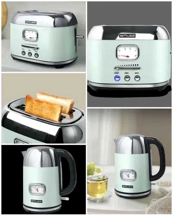 BOUILLOIRE VERT RETRO VINTAGE SANS FIL 2200W 1.7L INOX + GRILLE-PAIN VERT 2 FENTES INOX