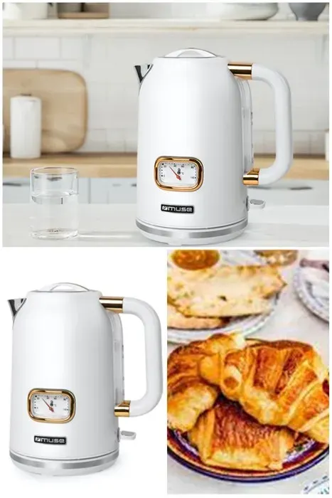 Bouilloire - Vintage - 1.7L - 2200W - Sans fil - Acier inoxydable 304 - Blanc et doré