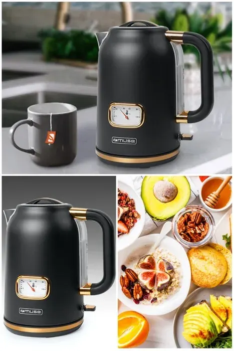 Bouilloire - Vintage - 1.7L - 2200W - Sans fil - Acier inoxydable 304 - Noir et doré