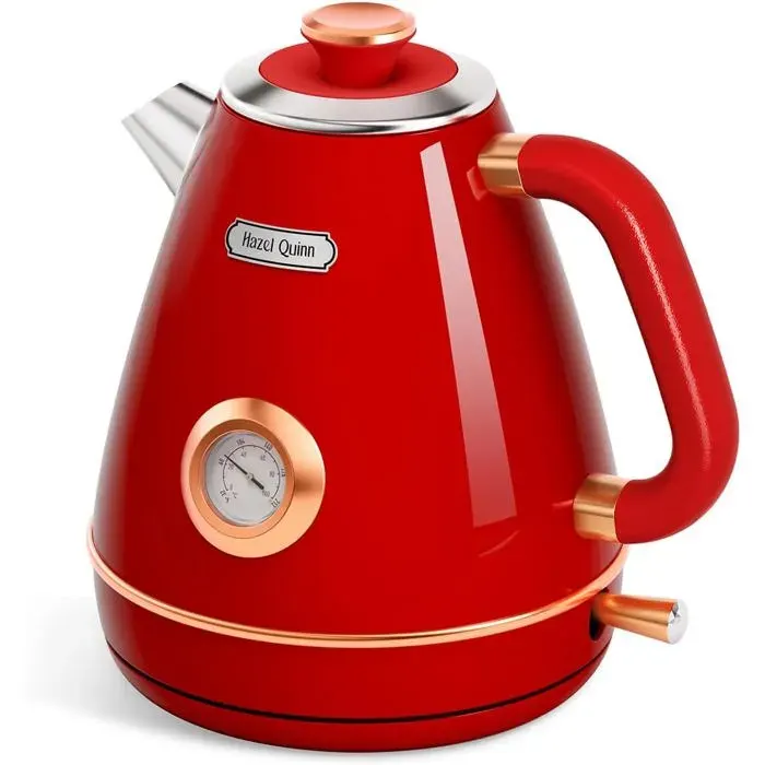 Bouilloire Vintage Inox 17L 2200W Thermomètre Intégré Sans BPA Sans Fil Arrêt Automatique Design Rouge Rubis