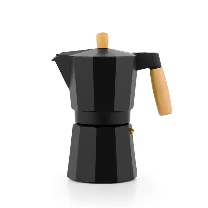 BRA Market Cafetière 9 tasses (425 ml) corps en aluminium poignée et bouton en bois de hêtre naturel pleine induction