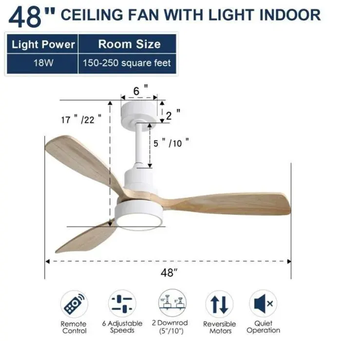 Brasseur d’air plafond 3 pales bois finition naturelle 48 pouces moteur CC silencieux ventilation modulable télécommande — coloris Blanc