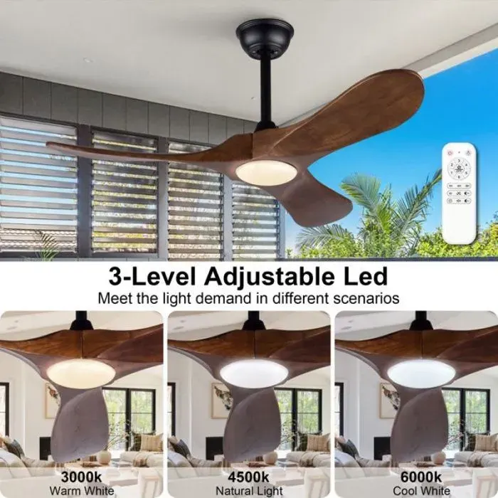 Brasseur d’air plafond 42 pouces tout équipé Noir Noyer 3 pales bois massif éclairage 3 températures 6 vitesses avec télécommande — coloris Blanc