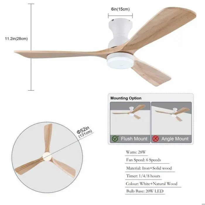 Brasseur d’air plafond 52 pouces à LED 3 pales en bois bicolore blanc et naturel commande à distance incluse