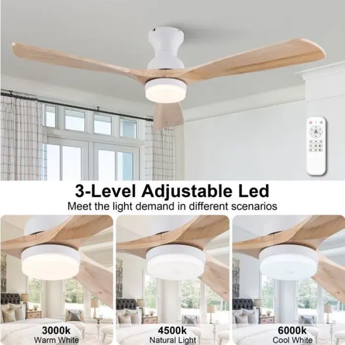 Brasseur d’air plafond 52 pouces LED 3 pales bois blanc‑naturel design déco pilotage par télécommande fournie