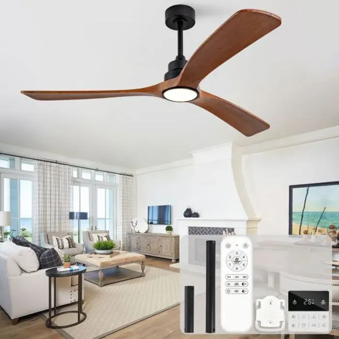 Brasseur d’air plafond 60 pouces avec éclairage 3 pales bois massif télécommande interrupteur mural moteur réversible 6 vitesses