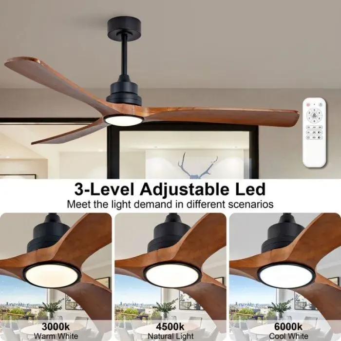 Brasseur d’air plafond 60 pouces confort optimal 3 pales bois massif éclairage interrupteur mural associé à une télécommande 6 v