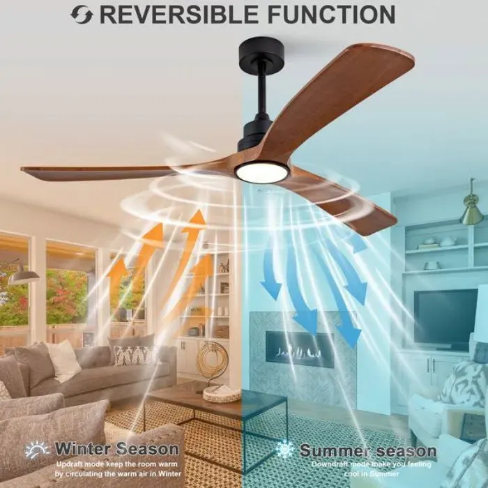 Brasseur d’air plafond 60 pouces pour grande pièce éclairage LED 3 pales bois massif 6 vitesses pilotable par télécommande ou int