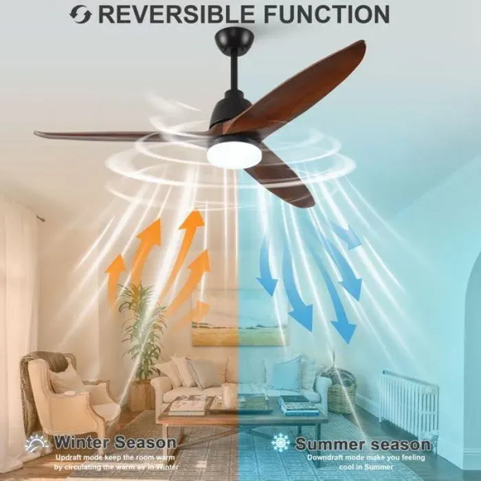 Brasseur d’air plafond avec lumière 56 pouces design moderne 3 pales bois massif LED 3CCT 6 vitesses réversibles commande télécomm