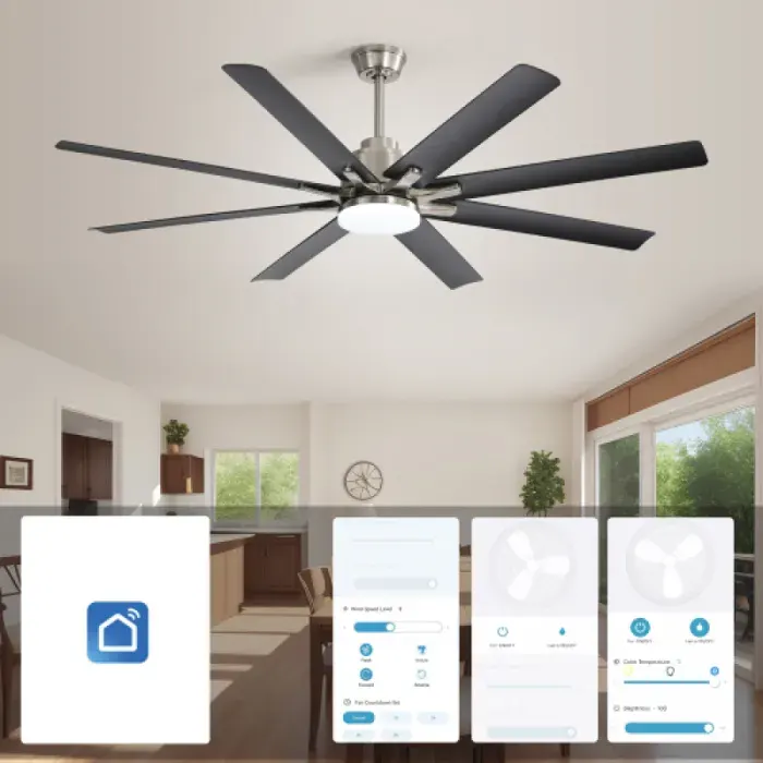 Brasseur d’air plafond intelligent 66 pouces à 8 pales ventilation réversible moteur DC LED modulable 6 vitesses ajustables télé