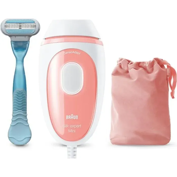 Braun Silk·expert Mini PL1014 Épilateur À Lumière Pulsée Épilation Semi-Définitive Blanc/Rose Avec Pochette De Voyage