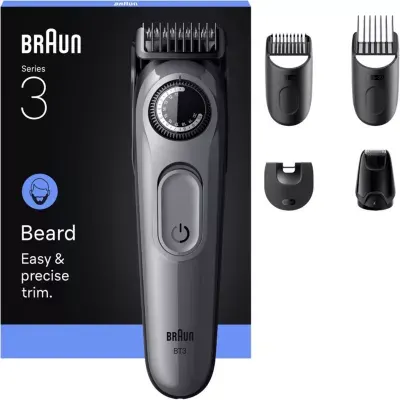 Braun - Tondeuse Barbe Bt3560, Molette Réglable, 40 Hauteurs De Coupe, Précision 0,5 Mm, Autonomie 50 Mn