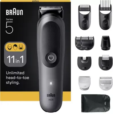 Braun - Tondeuse Multi Usages Aio5560, 14 Hauteurs De Coupe, Précision 0,5 Mm, Autonomie 120 Mn