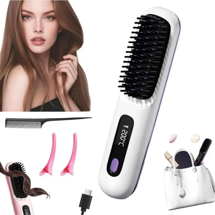 Brosse à cheveux fer à lisser lisseur et peigne à boucler sans fil brosse lissante à ions négatifs picots 3D 3 réglage