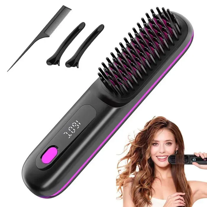 Brosse à cheveux lissante sans fil rechargeable avec affichage LED 3 températures lisse et boucle Dupcheliry