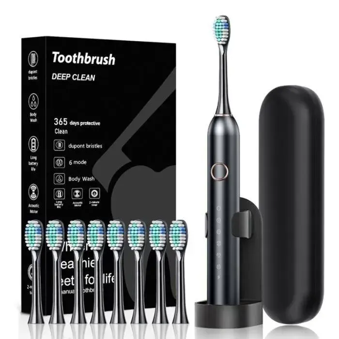 Brosse à Dent Électrique 6 Modes 8 Têtes de Rechange IPX7 Brosse a Dent Sonique Etui De Voyage Auton BROSSE A DENTS ELECTRIQUE — coloris Noir