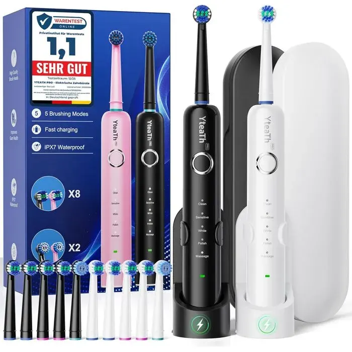 Brosse À Dent Électrique Rotatives Adultes-Lot De 2 Brosses À Dents Rotatives avec 10 Têtes de Brosse et Étui de Voyage5 Modes