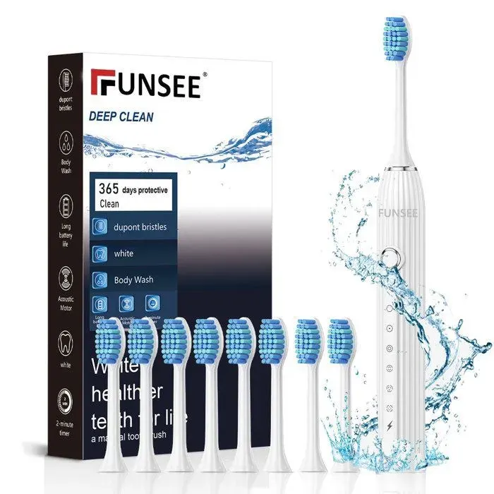 Brosse À Dent Électrique Sonique Adultes avec 8 Têtes - Brosse À Dents Sonique pour Adultes et Enfant 6 Modes Étanche IPX7-Blanc