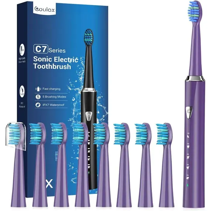 Brosse À Dent Électrique Sonique avec 8 Têtes-Brosse À Dents Sonique pour Adultes et Enfant5 ModesÉtanche IPX7Brosses à Dents