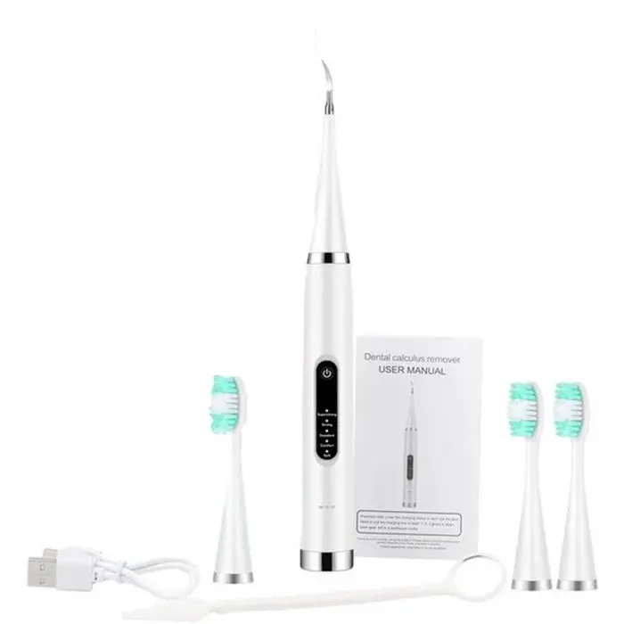 Brosse à dents électrique 2 en 1 avec fonction sonique et détartreur pour adultes - Blanche trois têtes