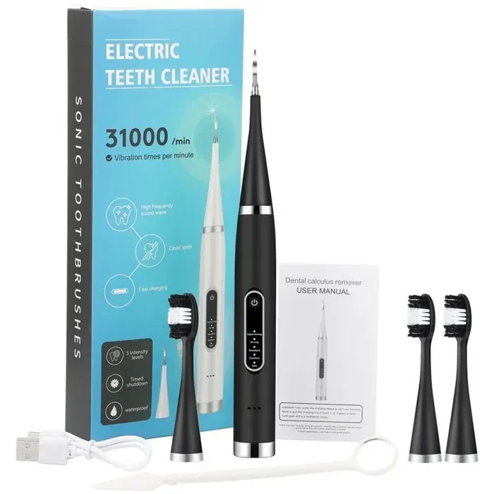 Brosse à dents électrique 2 en 1 avec fonction sonique et détartreur pour adultes - Noire trois têtes