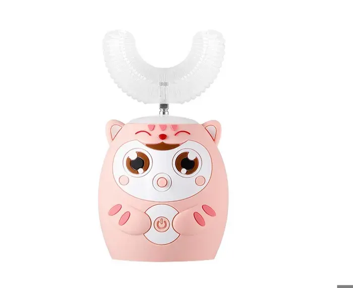 Brosse à dents électrique 360° pour enfants ultra-sonique rechargeable minuterie intelligente - Chat rose - 7-15 ans
