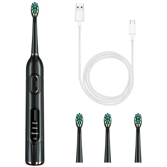 Brosse à dents électrique 36000 oscillations / min 3 modes résistant à leau conception ergonomique 4 têtes incluses noir