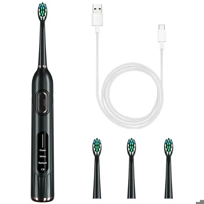 Brosse à dents électrique 36000 oscillations / min 3 modes résistant à leau conception ergonomique 4 têtes incluses noir