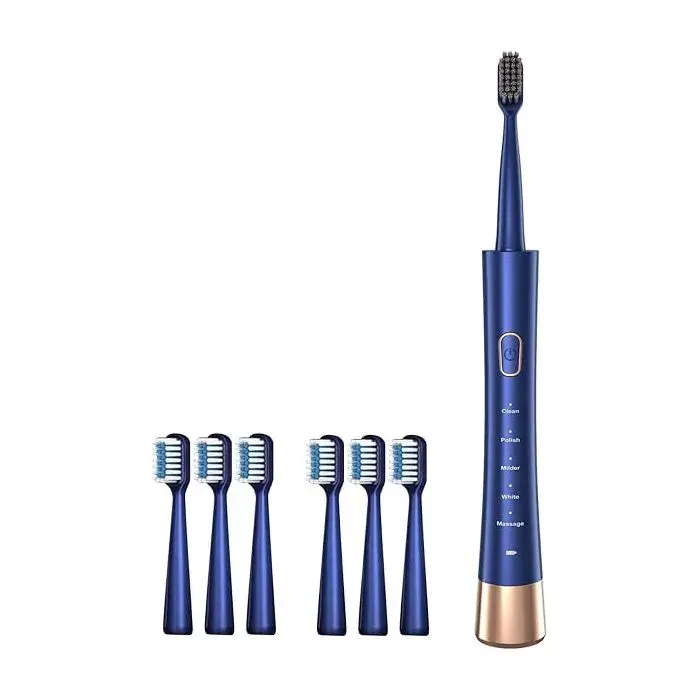 Brosse à dents électrique à ultrasons avec 6 têtes de brosse5 modes dure 45 jours à pleine charge étanchéité IPX7(bleu)