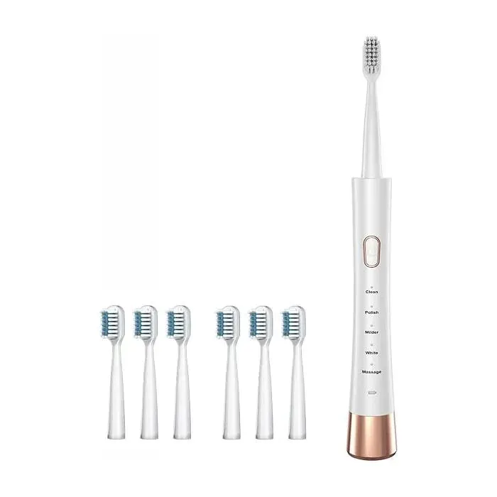 Brosse à dents électrique à ultrasons avec 6 têtes de brosse5 modes dure 45 jours à pleine charge étanchéité IPX7(Blanc)