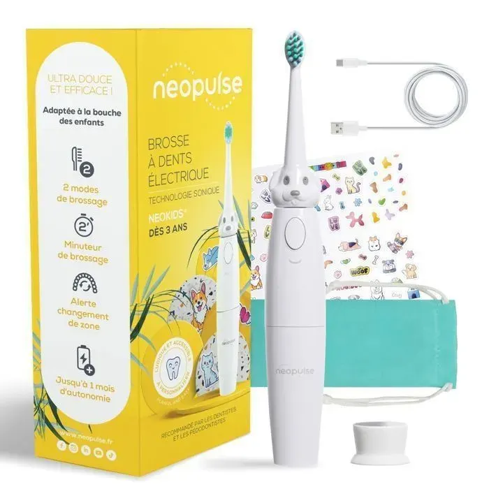 Brosse à dents électrique Enfant NEOPULSE NEOKIDS - Sonique Douce - Apprentissage Ludique - 3 à 10 ans - Rechargeable
