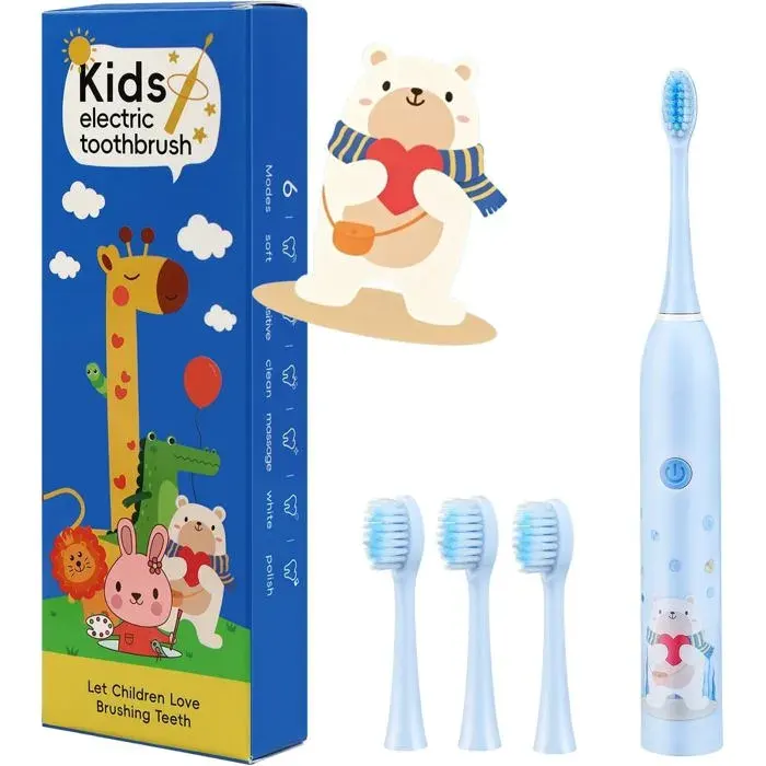 Brosse à Dents Électrique Enfant Sonique Rechargeable 4 Têtes Poils Ultra Doux Design Ours Bleu pour Enfants 3 à 12 Ans — coloris Bleue