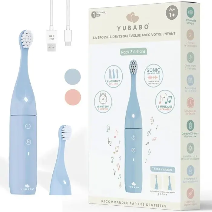 Brosse à dents électrique enfant - YUBABO - Modèle 3-6 ans - Revêtement silicone anti-moisissure - Ergonomique - Bleu