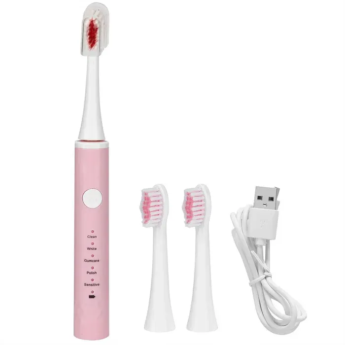Brosse à dents électrique étanche chargement USB intelligente 5 Modes vibrations ultrasoniques poils doux rose -SALALIS