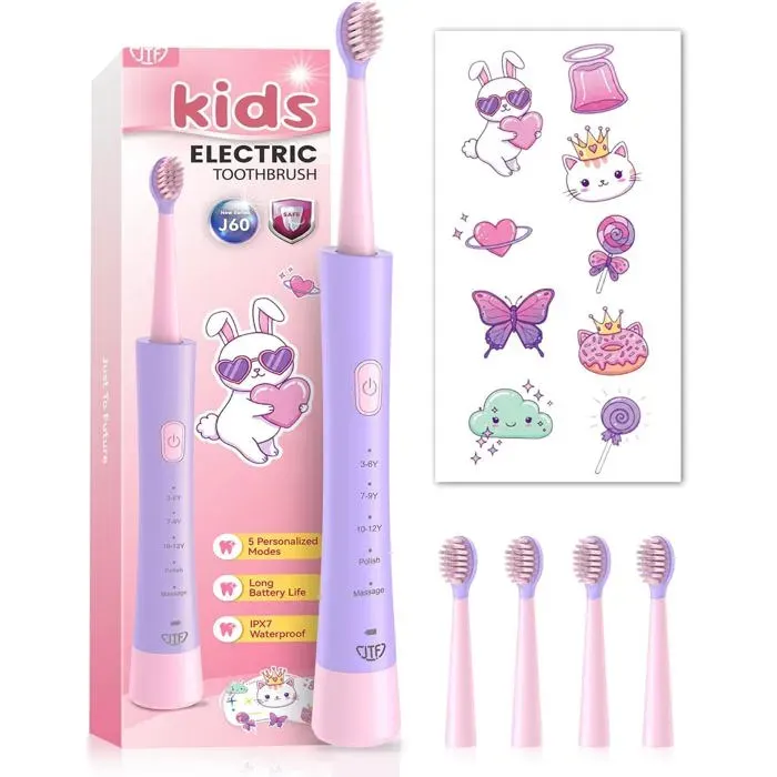 Brosse à dents électrique JTF Kids - avec capteur sonique et minuterie - convient aux filles à partir de 3 ans (rose)