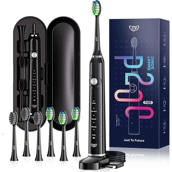 Brosse à dents électrique JTF nettoyage en profondeur par ultrasons à 40 000 tr/min jusqu’à 60 jours d’autonomie. Noire