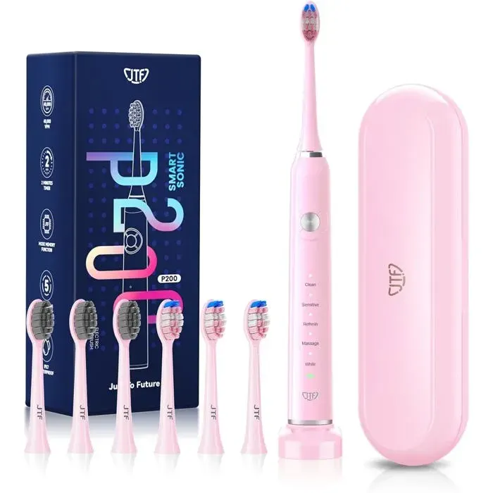Brosse à dents électrique JTF nettoyage en profondeur par ultrasons à 40 000 tr/min jusqu’à 60 jours d’autonomie. Rose.