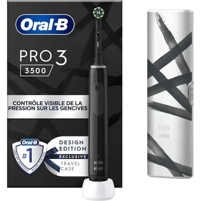 Brosse À Dents Électrique - LASER GENETICS CARRON - Pro 3500 - Noir - Capteur de Pression - 3 Modes de Brossage