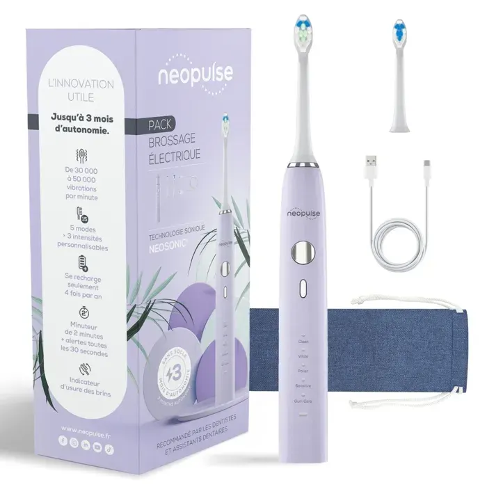 Brosse à dents électrique - NEOPULSE - Lilas - 15 modes de brossage - Rechargeable USB - Indicateur dusure