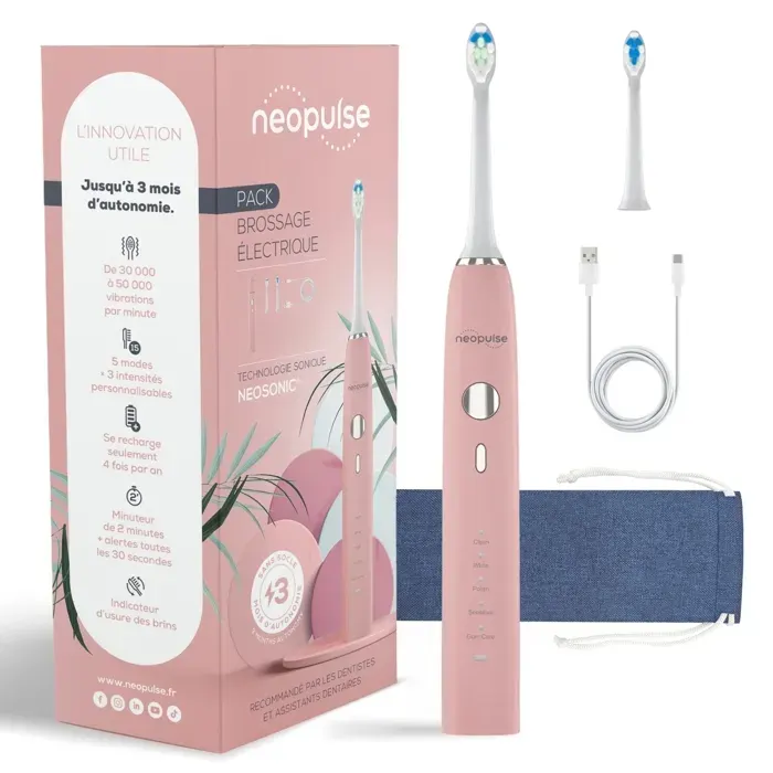 Brosse à dents électrique - NEOPULSE – Rose – 15 modes – Rechargeable USB – Indicateur d’usure - Dès 10 ans