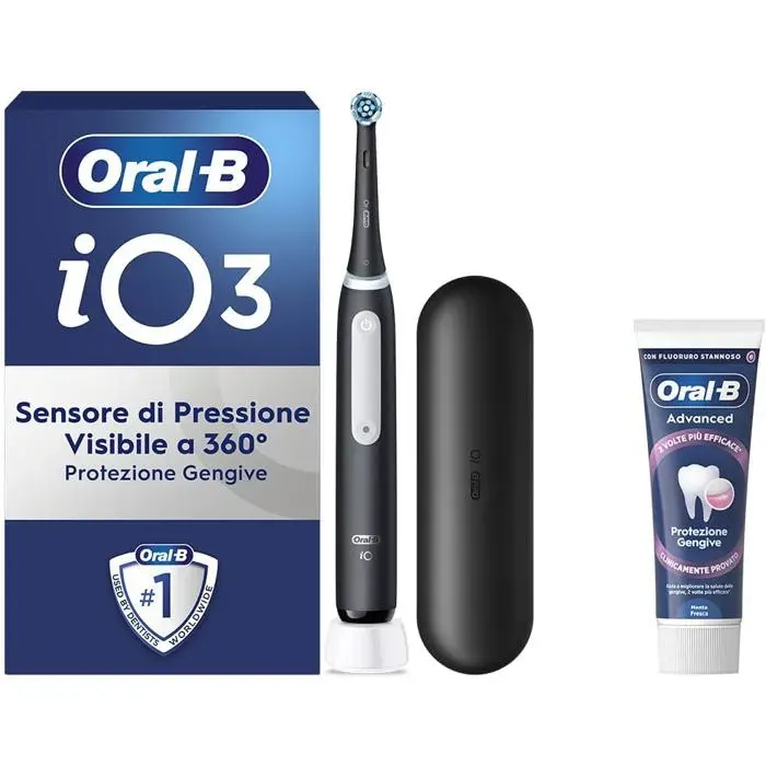 Brosse à dents électrique - ORAL-B - iO 3 - Noir - Capteur de pression - Étui de voyage & 1 tête