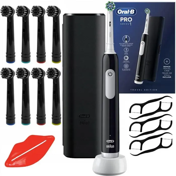 Brosse à dents électrique - Oral-B - Pro Series 1 Black - 3 modes - Étui de voyage - 8 têtes charbon