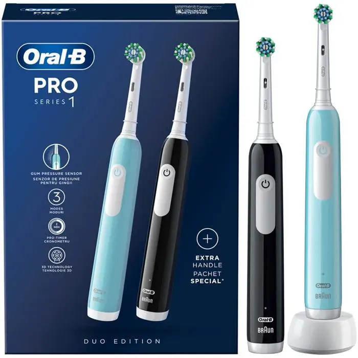 Brosse à dents électrique - Oral B - PRO1 DUO - Bleu Noir - 3 modes - Capteur pression - Timer - Rechargeable