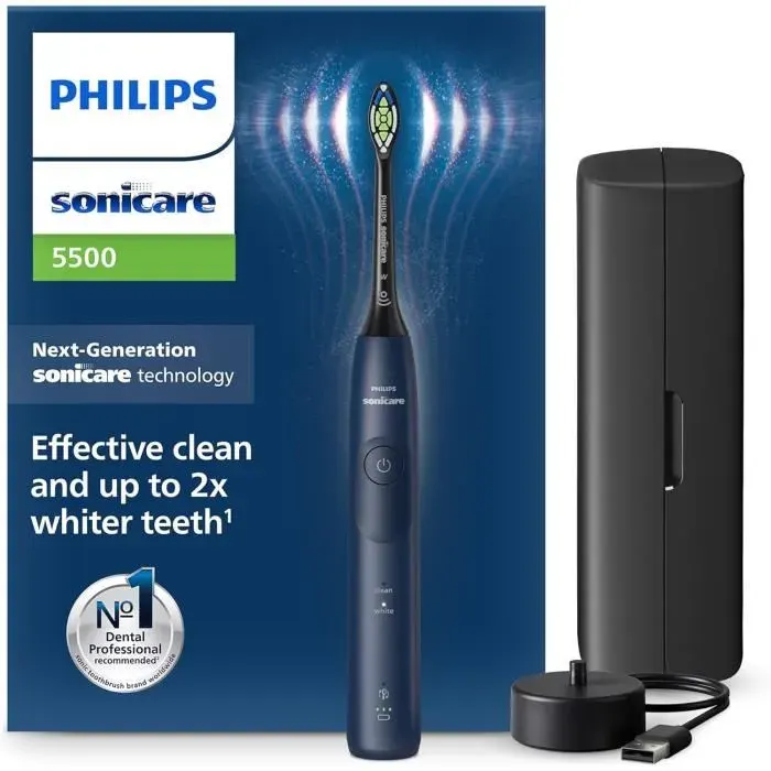 Brosse à dents électrique - PHILIPS - Sonicare 5500 - 2 modes - Alerte de pression - Bleu