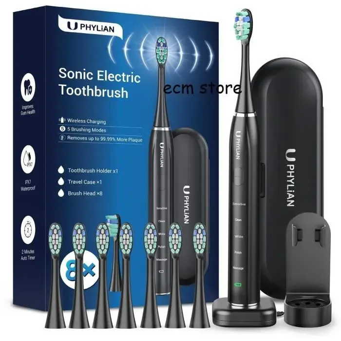 Brosse à dents électrique - PHYLIAN - HH06015 - Noir - 8 brosses de rechange - 5 modes de brossage