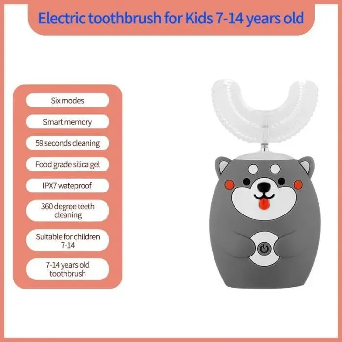 Brosse à Dents électrique Pour Enfants 7-14 Ans Brosses à Dents Automatiques IPX7 étanche Ultrasoniques Brosse en Forme de U Gris
